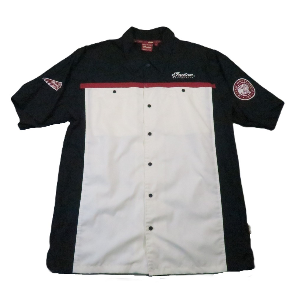 Indian Motorcycle Mechanic Shirt L Black White Embroidered Patch Biker Shop Camp